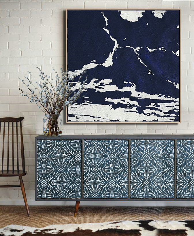Huge Abstract Painting On Canvas,Hand-Painted Oversized Minimalist Navy Blue And White Painting,Canvas Wall Art